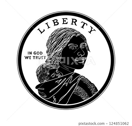 Sacagawea dollar, golden dollar coin, Sacagawea and her child on obverse american money. The coin is depicted in black and white. Vector illustration. Sacagawea dollar, golden dollar coin, Sacagawea and her child on obverse american money. The coin is depicted in black and white. Vector illustration. 124851062