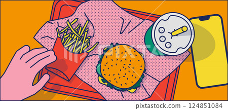 Burger shop scene. Subjective composition illustration. Burger shop scene. Subjective composition illustration. 124851084