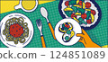 午餐時間的插圖。從上方構圖。 124851089