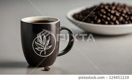 Cup of coffee against the background of a plate with aromatic coffee beans Cup of coffee against the background of a plate with aromatic coffee beans 124851229