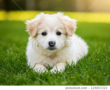 Adorable fluffy puppy lying on fresh green grass in a sunlit park 124851322