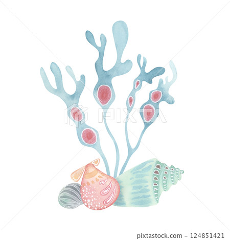 Stylized seaweed and shells. Decorative watercolor composition in pastel tones with soft pencil texture. Great for undersea-themed prints, kids decor, and creative journaling 124851421