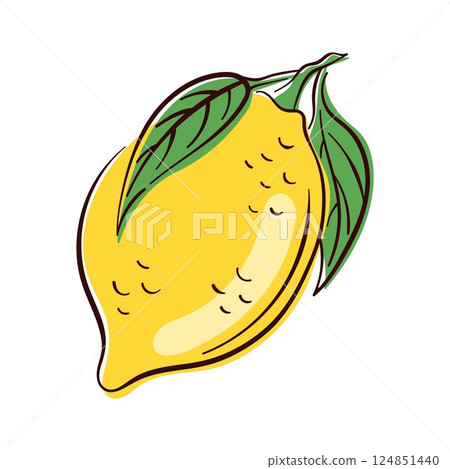 Bright yellow lemon with green leaves in hand drawn style. Perfect for food packaging, summer print, healthy lifestyle product, organic branding,, citrus design and natural themed illustration. Bright yellow lemon with green leaves in hand drawn style. Perfect for food packaging, summer print, healthy lifestyle product, organic branding,, citrus design and natural themed illustration. 124851440