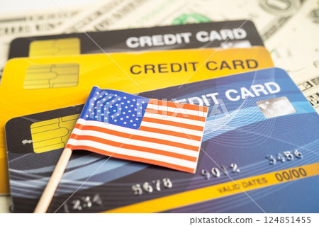 Credit card model with US America flag, financial investment economy business banking. Credit card model with US America flag, financial investment economy business banking. 124851455