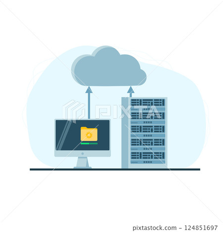 Data server web concept. Database and personal computer. File upload. Cyber data security concept. Template for banner, card, poster, background. Vector illustration Data server web concept. Database and personal computer. File upload. Cyber data security concept. Template for banner, card, poster, background. Vector illustration 124851697