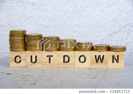 Cutdown text on wooden cubes with stacking golden coins. Business concept Cutdown text on wooden cubes with stacking golden coins. Business concept 124851715