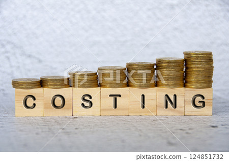 Costing text on wooden cubes with stacking golden coins 124851732