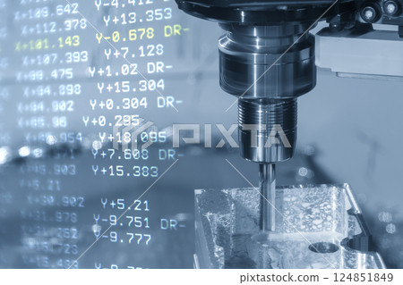 Abstract scene the CNC milling machine rough cutting the aluminum housing parts and NC data background. 124851849