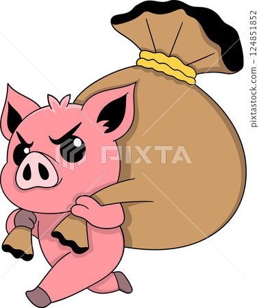 Angry Cartoon Pig Carrying Money Sack Angry Cartoon Pig Carrying Money Sack 124851852