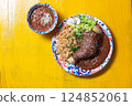 Mexican cuisine with mole poblano chicken with rice 124852061