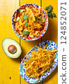 Crispy tortilla topping enhances traditional Aztec soup with vibrant vegetables and fresh avocado on a bright wooden table 124852071