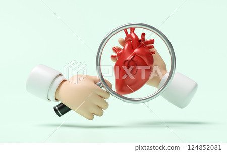 3d Doctor hand holding magnifying glass with realistic human heart isolated on green background. check heart health, health love, world heart day concept, 3d illustration render 3d Doctor hand holding magnifying glass with realistic human heart isolated on green background. check heart health, health love, world heart day concept, 3d illustration render 124852081