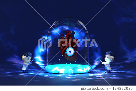 3d glass dome with male and female doctor, artificial heart isolated on blue background. future innovation concept, 3d illustration render 124852083