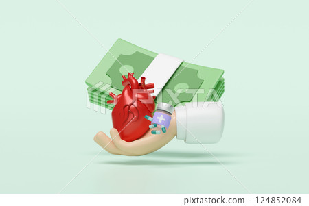 3d doctor hand holding heart with stack of banknotes, medicine bottle, antibiotics isolated on green background. heck heart health, expensive medicine concept, 3d illustration render 3d doctor hand holding heart with stack of banknotes, medicine bottle, antibiotics isolated on green background. heck heart health, expensive medicine concept, 3d illustration render 124852084