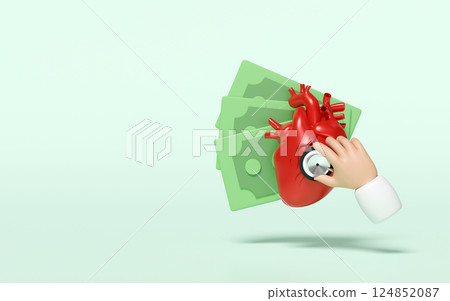 3d realistic human heart with doctor holding a stethoscope, stack of banknotes isolated on green background. heck heart health, expensive medicine concept, 3d illustration render 3d realistic human heart with doctor holding a stethoscope, stack of banknotes isolated on green background. heck heart health, expensive medicine concept, 3d illustration render 124852087