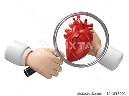 3d Doctor hand holding magnifying glass with realistic human heart isolated. check heart health, health love, world heart day concept, 3d illustration render 3d Doctor hand holding magnifying glass with realistic human heart isolated. check heart health, health love, world heart day concept, 3d illustration render 124852091