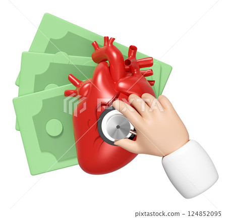 3d realistic human heart with doctor holding a stethoscope, stack of banknotes isolated. heck heart health, expensive medicine concept, 3d illustration render 3d realistic human heart with doctor holding a stethoscope, stack of banknotes isolated. heck heart health, expensive medicine concept, 3d illustration render 124852095