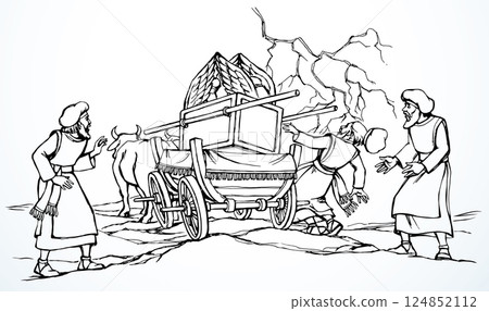 Vector drawing. The ark of the covenant being transported on a wooden cart pulled by two oxens 124852112
