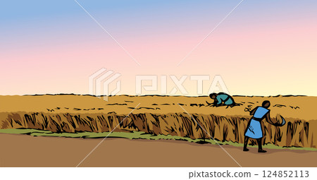 Vector drawing. Reapers in the field Vector drawing. Reapers in the field 124852113