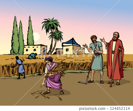 Vector drawing. Ruth and Boaz in the field Vector drawing. Ruth and Boaz in the field 124852114