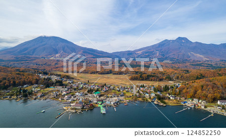 Drone shot above Lake Nojiri in late autumn, Shinano Town, Nagano Prefecture Drone shot above Lake Nojiri in late autumn, Shinano Town, Nagano Prefecture 124852250
