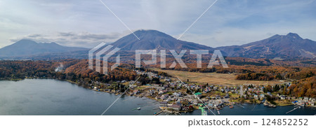 Drone shot above Lake Nojiri in late autumn, Shinano Town, Nagano Prefecture 124852252
