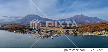 Drone shot above Lake Nojiri in late autumn, Shinano Town, Nagano Prefecture Drone shot above Lake Nojiri in late autumn, Shinano Town, Nagano Prefecture 124852253