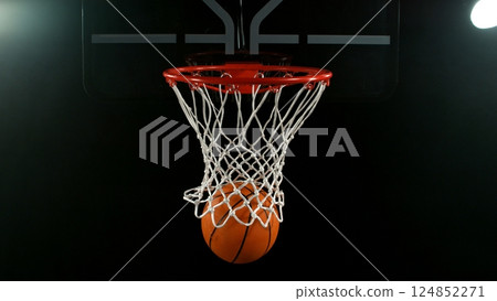 Detail of basketball ball hitting the hoop, top view. Isolated on black background. Detail of basketball ball hitting the hoop, top view. Isolated on black background. 124852271