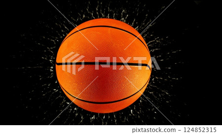 Detail of basketball ball, top view with splashing water. Isolated on black background. 124852315