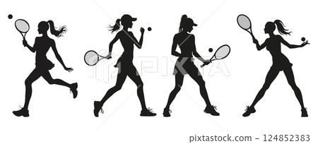 Tennis players silhouettes vector set female athletes in action poses 124852383
