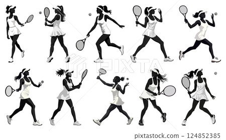 Black Silhouette Female Tennis Players in White Sportswear Isolated on White Background 124852385