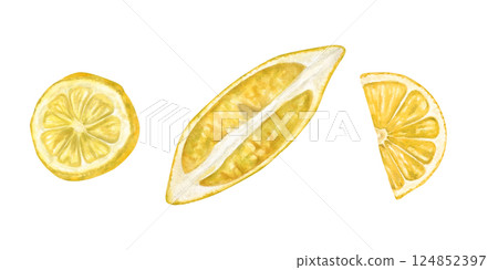 Watercolor set of lemon slices with fresh citrus details illustration isolated background. Hand painted yellow summer tropical citrus fruit healthy drinks, summer designs, cooking blogs, labels Watercolor set of lemon slices with fresh citrus details illustration isolated background. Hand painted yellow summer tropical citrus fruit healthy drinks, summer designs, cooking blogs, labels 124852397