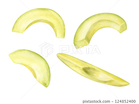 Fresh peeled avocado slices watercolor illustration isolated background. Chopped pastel green fruit ingredients for summer healthy recipes, cafe menus, wellness project, eco friendly packaging. Fresh peeled avocado slices watercolor illustration isolated background. Chopped pastel green fruit ingredients for summer healthy recipes, cafe menus, wellness project, eco friendly packaging. 124852400