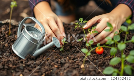 Hands of a woman growing vegetables Hands of a woman growing vegetables 124852452