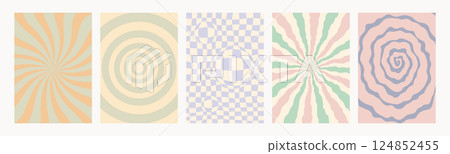 Retro pattern set. Abstract psychedelic Groovy backgrounds in retro colors. Twisted vector texture in trendy y2k style. Vector graphic for posters and art prints Retro pattern set. Abstract psychedelic Groovy backgrounds in retro colors. Twisted vector texture in trendy y2k style. Vector graphic for posters and art prints 124852455
