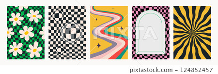 Abstract psychedelic retro pattern set. Groovy backgrounds in vivid colors. Trendy funky vector textures in abstract y2k style. Vector graphic for posters and art prints 124852457