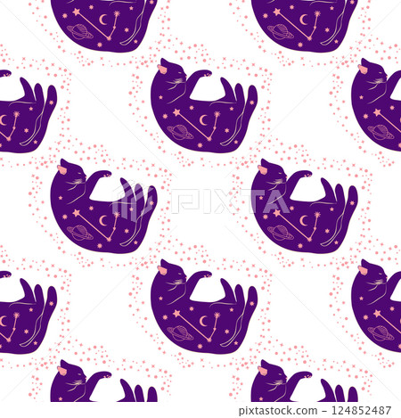 Mystical seamless pattern of cats in boho style, silhouette collection. Witchcraft and magic Mystical seamless pattern of cats in boho style, silhouette collection. Witchcraft and magic 124852487