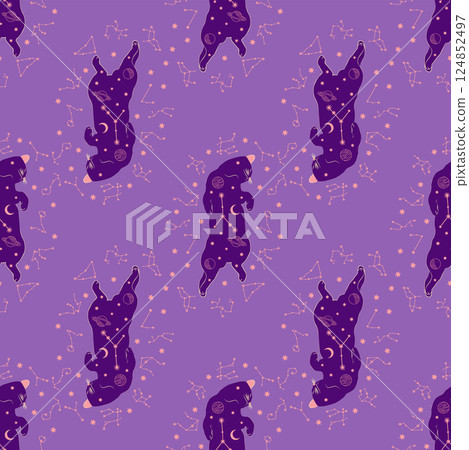 Mystical seamless pattern of cats in boho style, silhouette collection. Witchcraft and magic 124852497