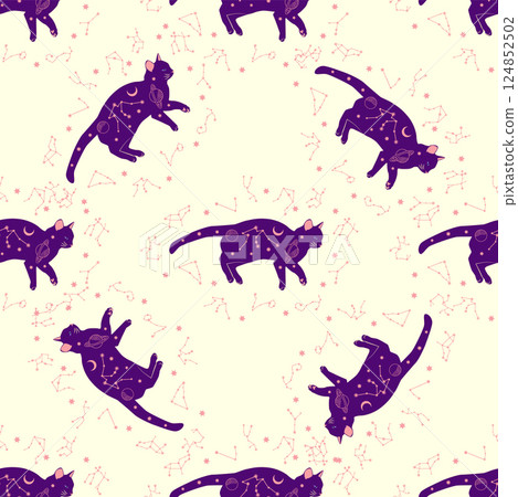 Mystical seamless pattern of cats in boho style, silhouette collection. Witchcraft and magic 124852502