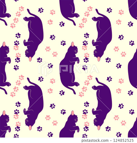 Mystical seamless pattern of cats in boho style, silhouette collection. Witchcraft and magic 124852525