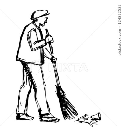 Vector Drawing. Janitor sweeping with a broom Vector Drawing. Janitor sweeping with a broom 124852582