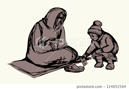 Vector Drawing. Girl Giving Alms to a Beggar Vector Drawing. Girl Giving Alms to a Beggar 124852584