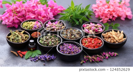 A collection of small bowls containing dried herbs and flowers, surrounded by fresh blossoms, emphasizing natural beauty and healing. A collection of small bowls containing dried herbs and flowers, surrounded by fresh blossoms, emphasizing natural beauty and healing. 124852629