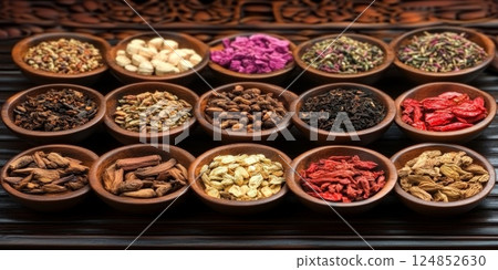 Neatly arranged bowls of dried spices and herbs, displaying rich colors and textures for culinary inspiration or holistic health practices. Neatly arranged bowls of dried spices and herbs, displaying rich colors and textures for culinary inspiration or holistic health practices. 124852630