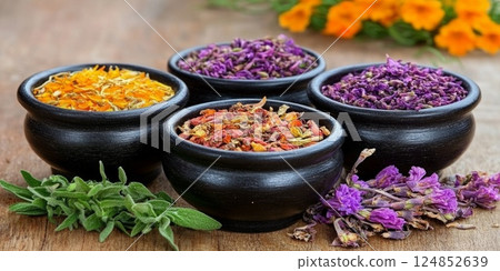 Ceramic bowls filled with colorful dried flowers surrounded by fresh blossoms, ideal for tea blends or decorative arrangements. 124852639