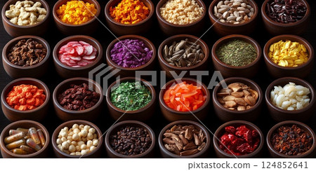 A top-down view of small bowls containing colorful dried spices and herbs arranged neatly in rows for culinary or decorative purposes. A top-down view of small bowls containing colorful dried spices and herbs arranged neatly in rows for culinary or decorative purposes. 124852641