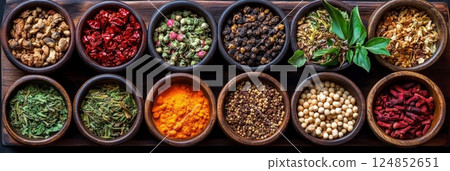 Colorful spices arranged in small wooden bowls, creating a vibrant and textured pattern. Perfect for cooking, spice markets, or food blogs. 124852651