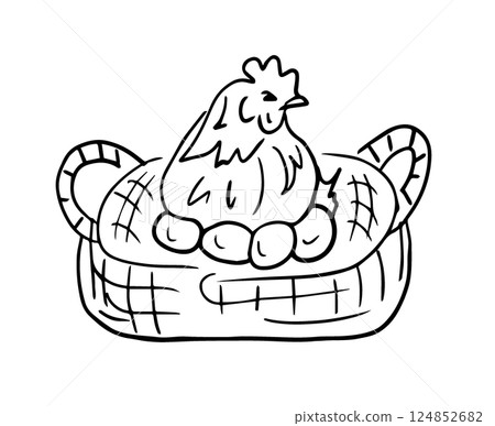 Contour drawing of a chicken in a wicker basket with eggs. Vector illustration in doodle style for a farm product brand, logo, logo, print. Packaging for eco-friendly products, grocery store. 124852682