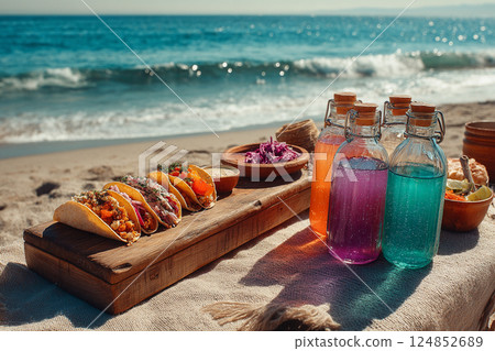 Beachside Picnic. A vibrant picnic setup with tacos Beachside Picnic. A vibrant picnic setup with tacos 124852689