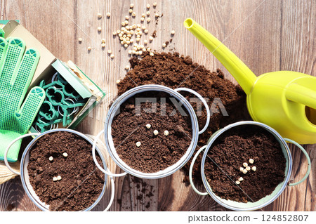 Gardening concept. Set of tools for gardener and flowerpots 124852807